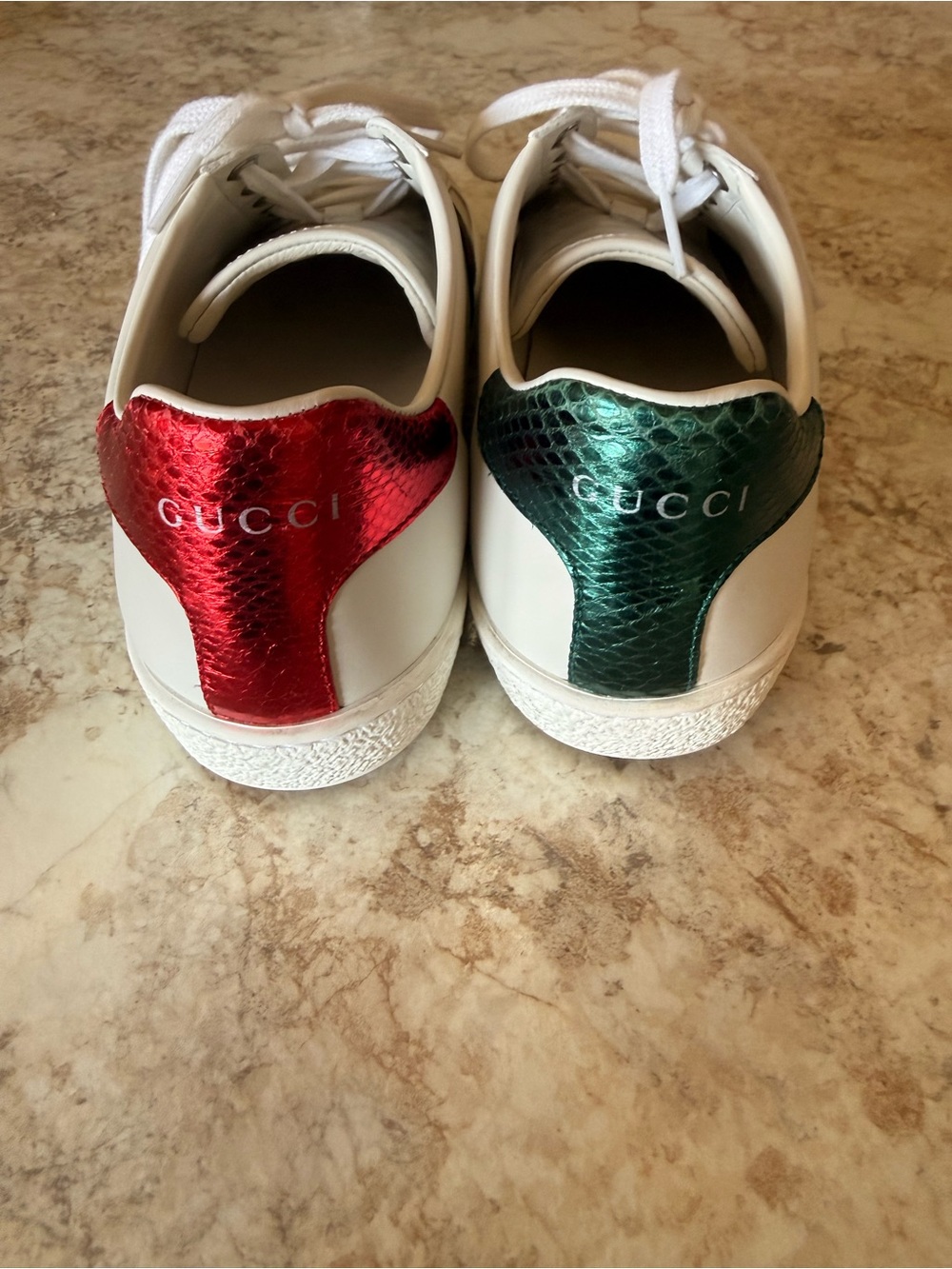 Gucci White Leather Sneakers with Red & Green Metallic Snake-Textured Heel Tabs